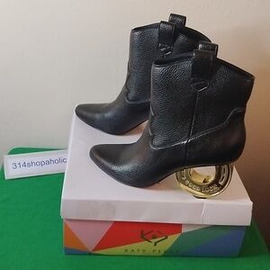 Womens Black Pointed Toe Ankle Boots With Round Gold Heel
